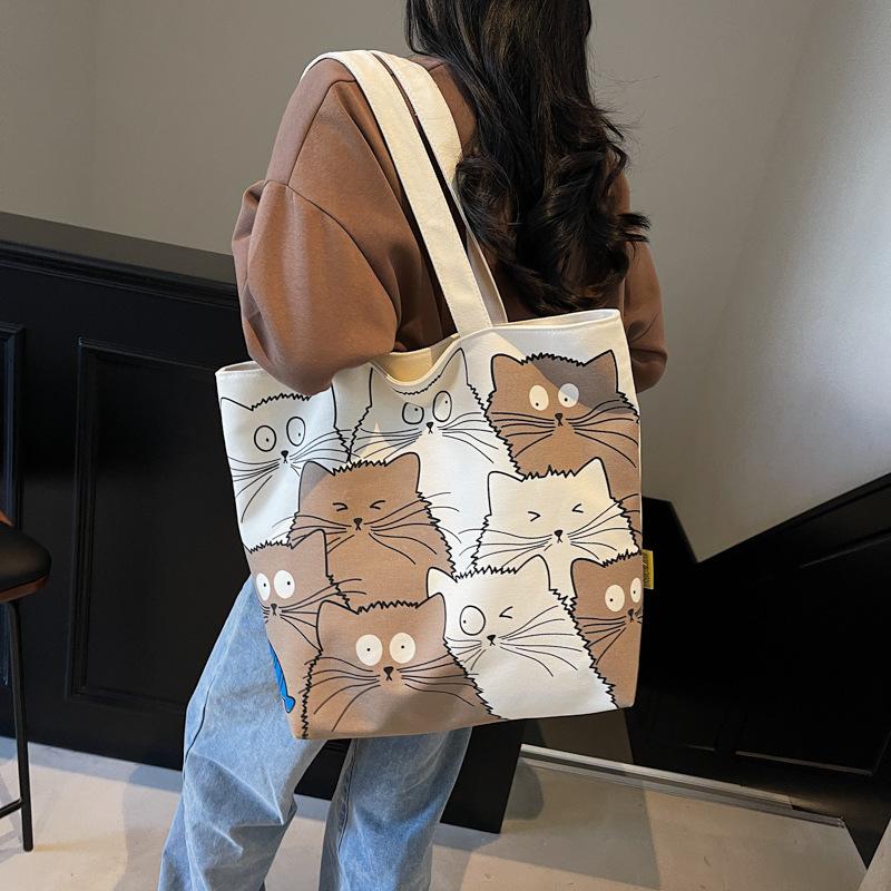 Canvas bag women's 2025 new summer large-capacity bag casual cartoon shoulder bag college student class tote bag