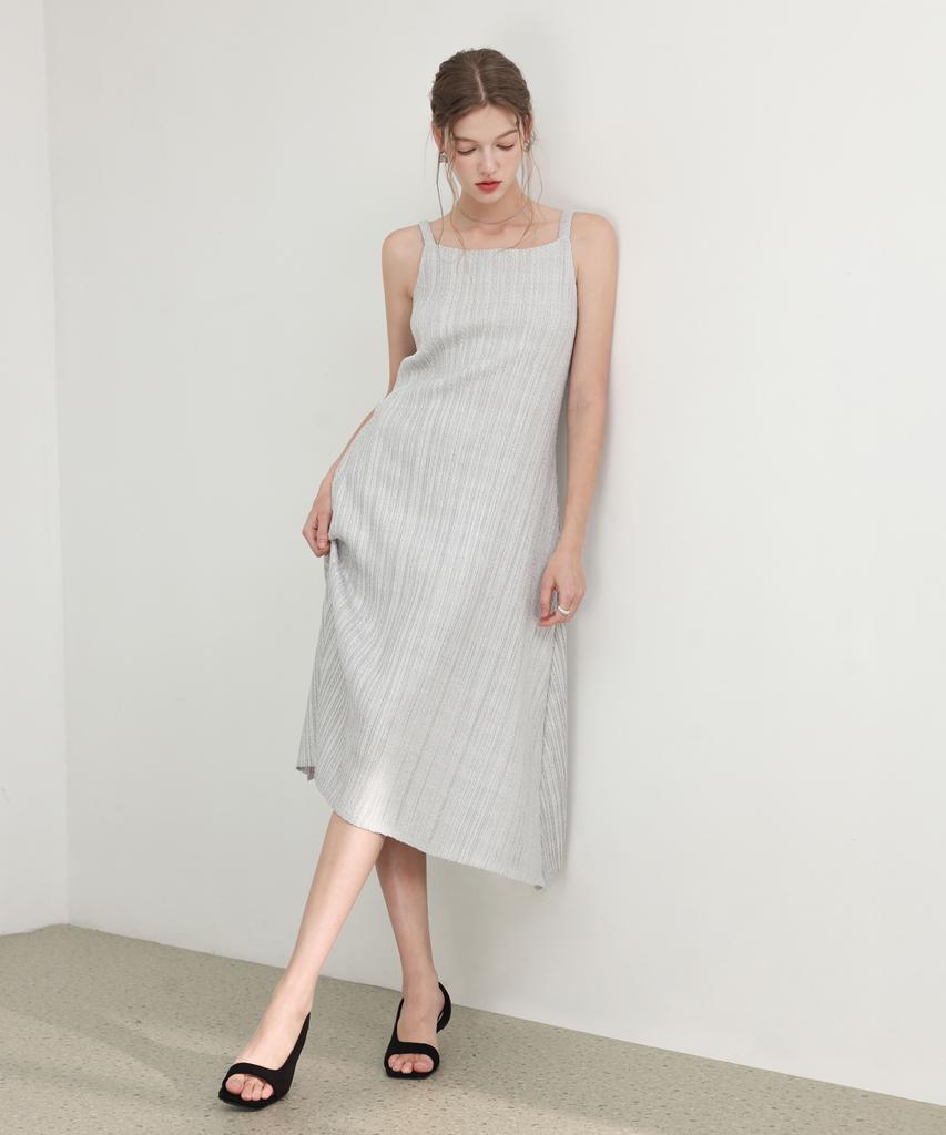 PLEATSMOOD Tweed Pleated Sleeveless Flare Dress