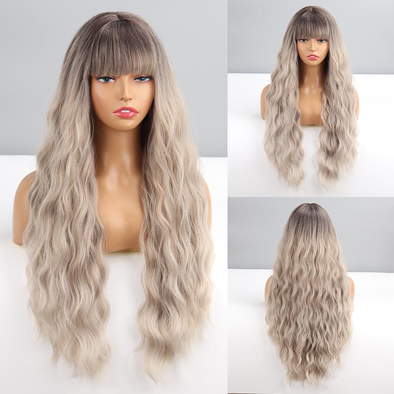 

MISSQUEEN женский парик Ombre коричневый, серый цвет длинный волнистый парик с челкой из синтетического волокна женская повседневная одежда косплей волнистый парик
