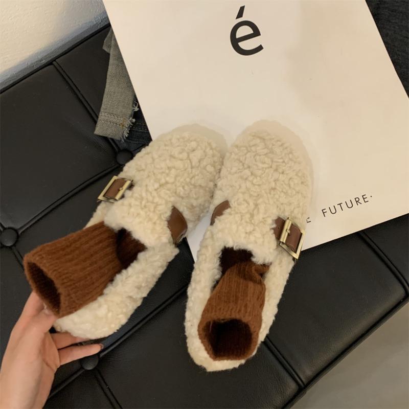 One Pedal of Fluffy Shoes for Women, Winter New Gentle Beanie Shoes for Women, Velvet Cotton Shoes