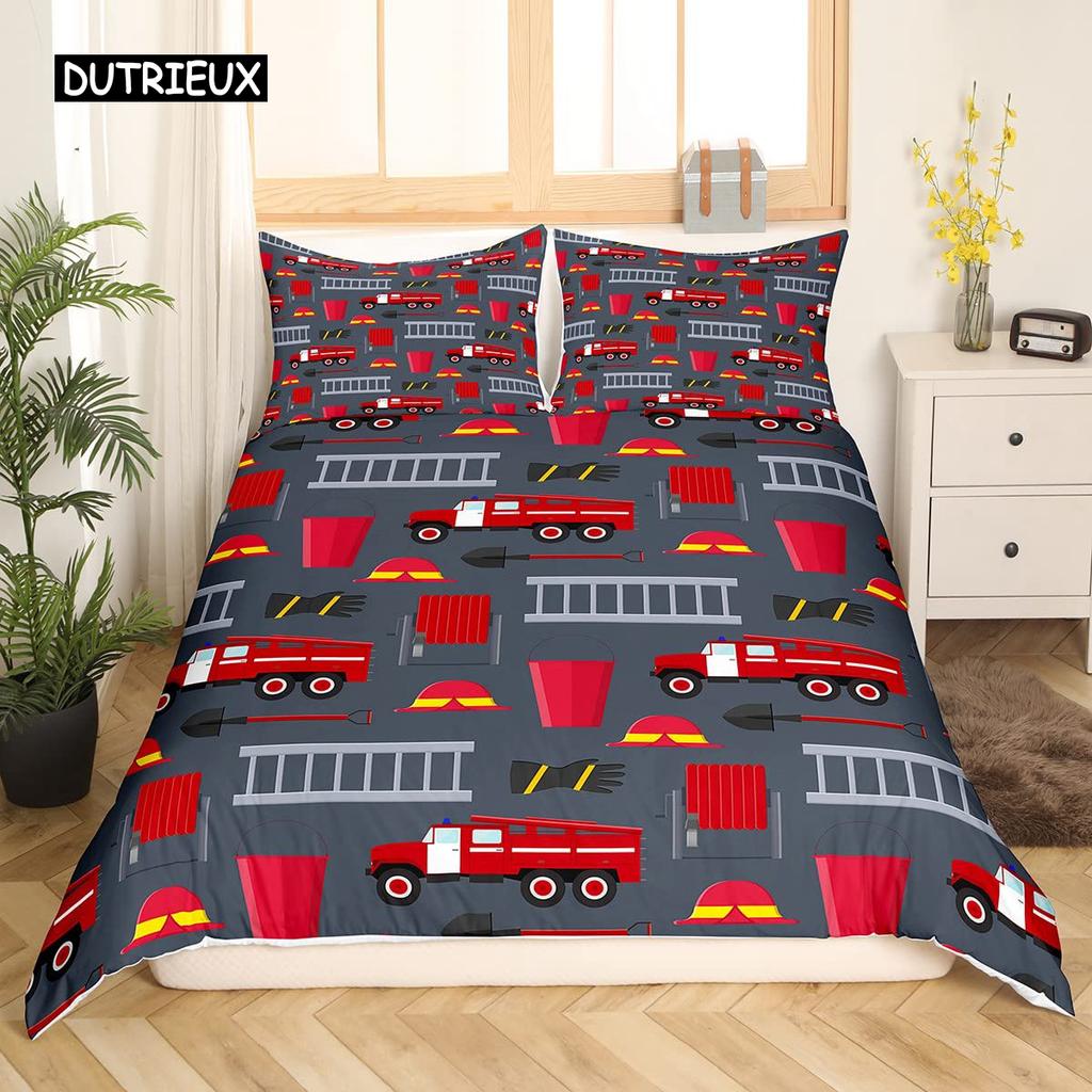Fire Truck Duvet Cover Set Twin Size Red Firemen Car Vehicle Bedding Set Fire Engine Pattern for Boys Tire Printing Quilt Cover