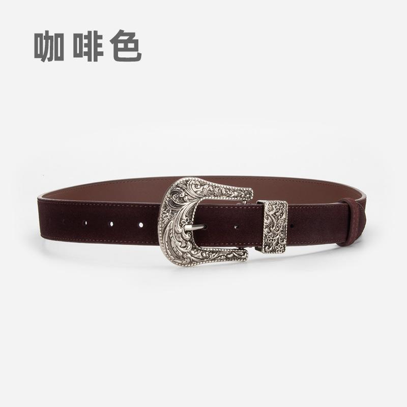 Women'S Leather Belt Personalized Retro Style Carved Needle Buckle Skirt Decorative Belt Women