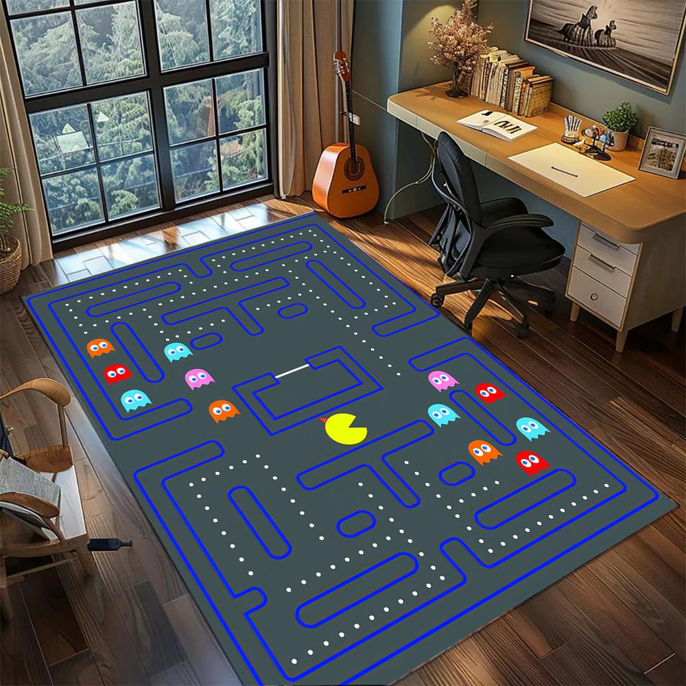 Neonový Pac-Man Glow Styl Herní Podlahový Koberec Koberec Velký Plošný Koberec Protiskluzová Omyvatelná Podlahová Rohožka Herní Pokoj Ložnice Domácí Dekorace