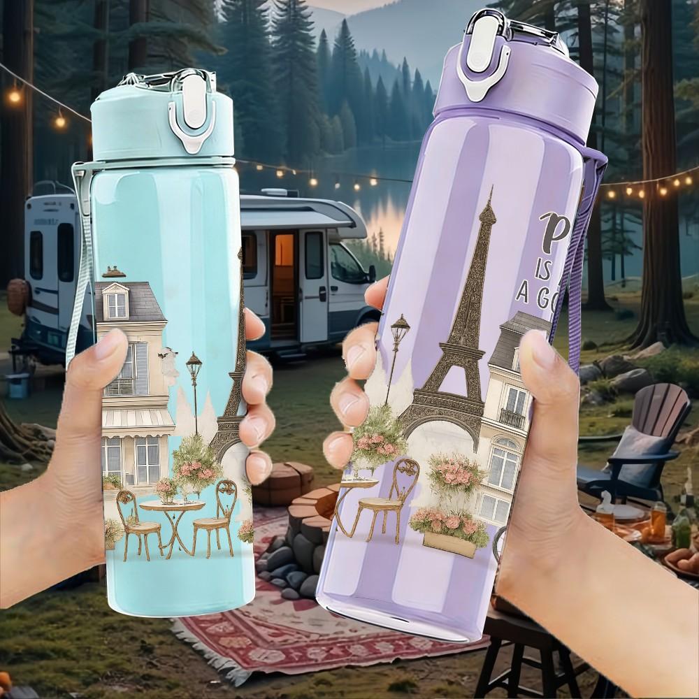 1PC Paris Street Building Landscape 750ml Color Plastic Sports Water Bottle Leakproof Flip Straw Lid For Sports Office Home Use