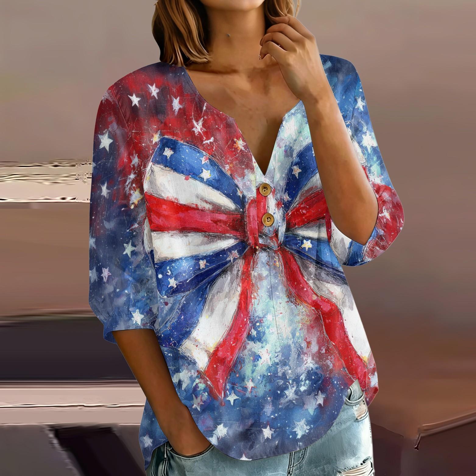 Women s Button Front Henley Shirt Three Quarter Sleeve Cotton Linen Blend Casual Top with Star Print for Summer and Spring XL