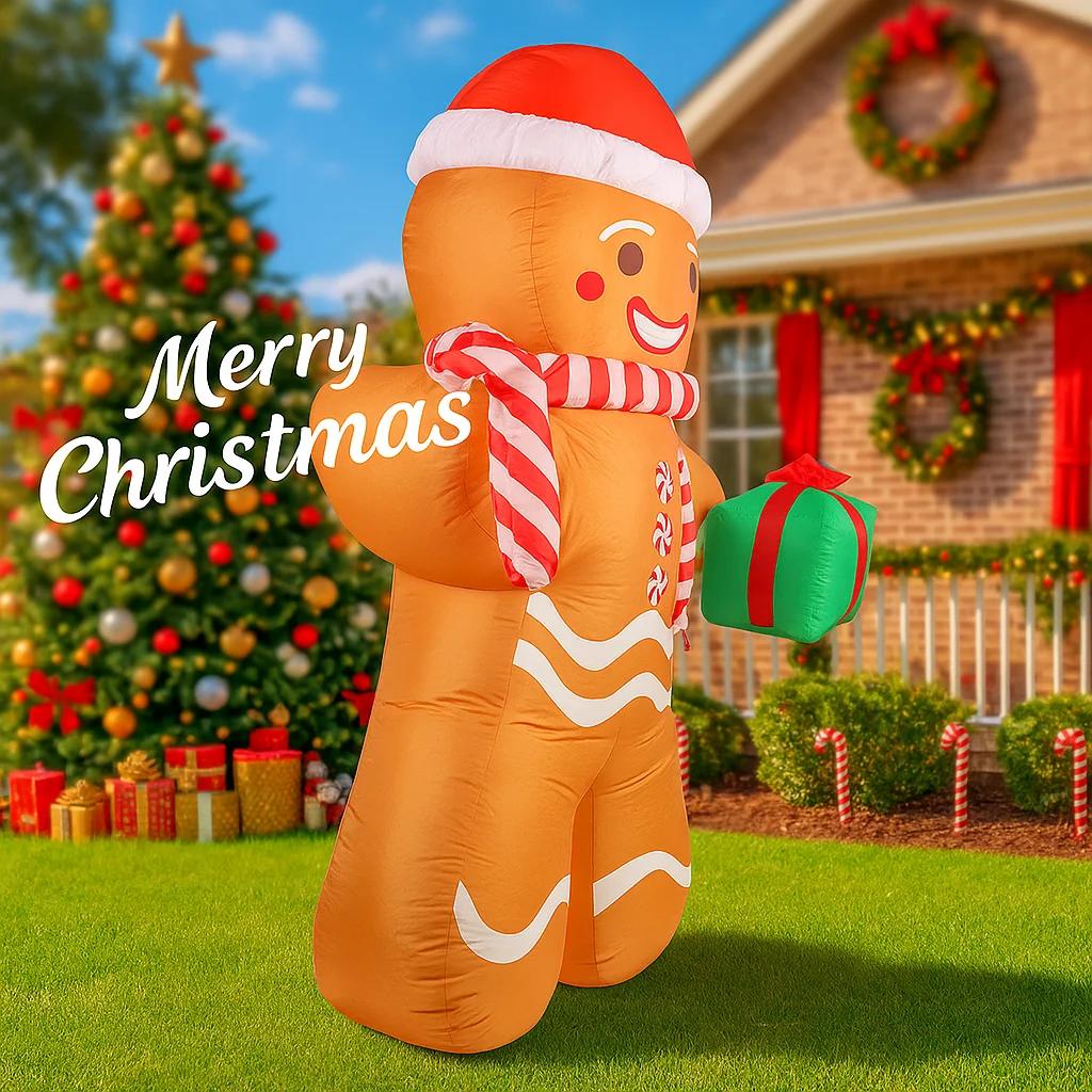 7.9FT LED Light Inflatable Yard Decor Gingerbread Man Candy Cane Gift Box Xmas Toy Supplie Home Ornament Christma Holiday Gift