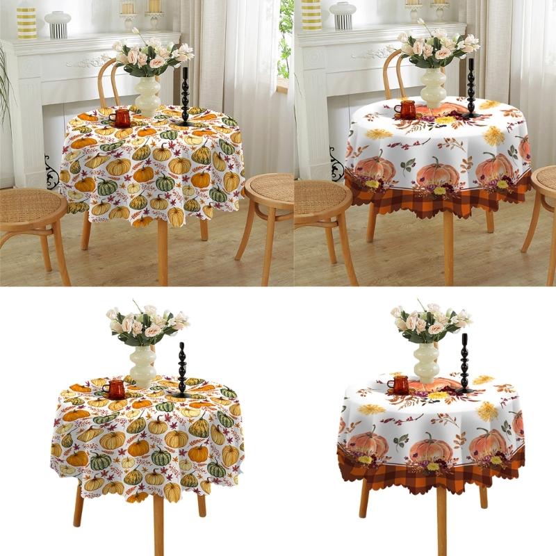 Table Cloth Autumn Leaves and Pumpkin Patterns Round Tablecloth 150cm for Thanksgiving Party Decoration