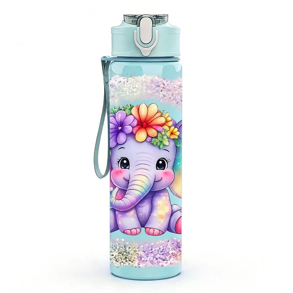 1PC Cute Baby Elephant Cartoon Print 750ml Color Plastic Sports Water Bottle Leakproof Flip Straw Lid Suitable for Sports Office Home Use