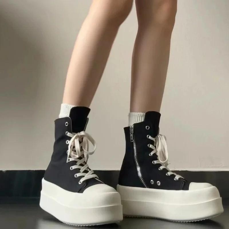 Fashion Women Punk High Top Sneakers Canvas Platform Heels Designer Elevator Shoes Lace Up Zip High Street Autumn Flats Black Boots