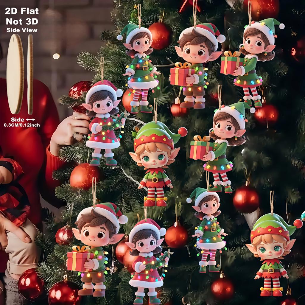 10pcs/set Christmas Wooden Pendant Take The Gift Elf Xmas Tree Hanging Ornament Perfect for Xmas Party Decor Home New Year Gifts