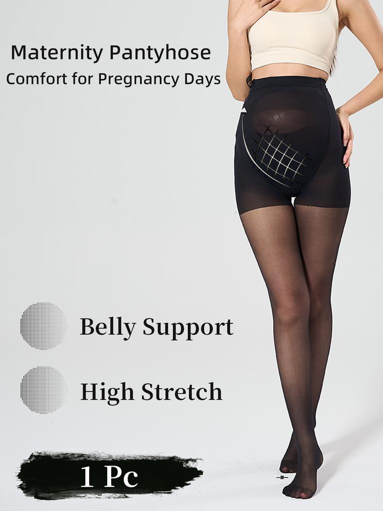 1 Pc Maternity Solid Black Footed Sheer Nylon Tights | Belly-Support Minimalist Pantyhose For Spring & Autumn Transition