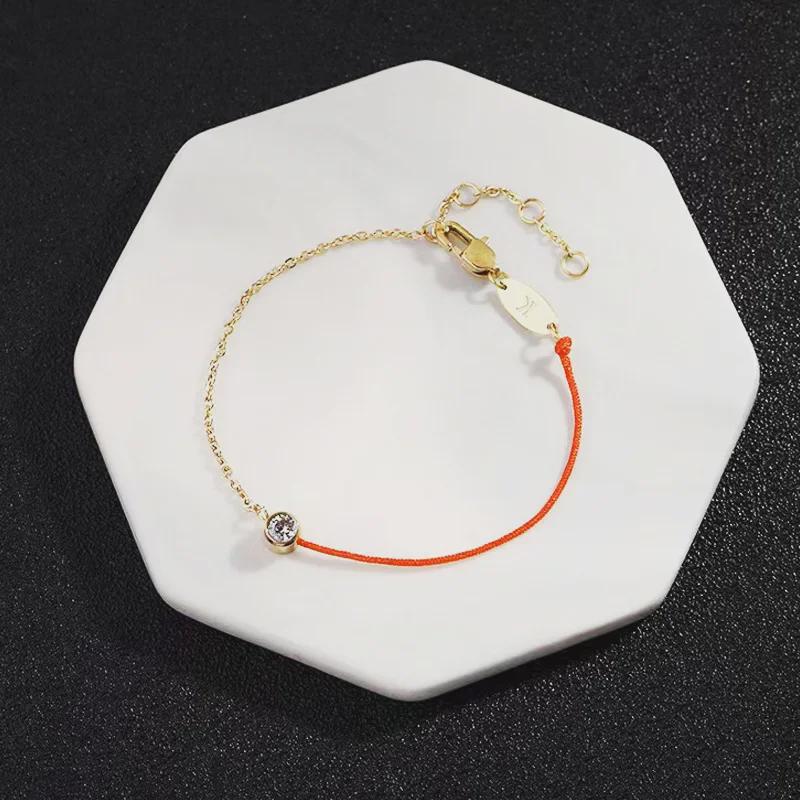 Korean Fashion 18K Rose Gold Zodiac Bracelet with Single Diamond & Red Rope Design for Women