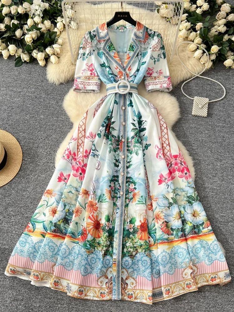 Jaro Léto Luxusní Květinové Boho Bohémské Šaty Ženy Vykrojený Oblek Jednořadé Krátký Rukáv Maxi Dlouhé Společenské Šaty