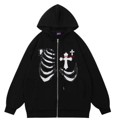 New zipper cardigan cross print Guochao treasure couple sweater hoodie jacket