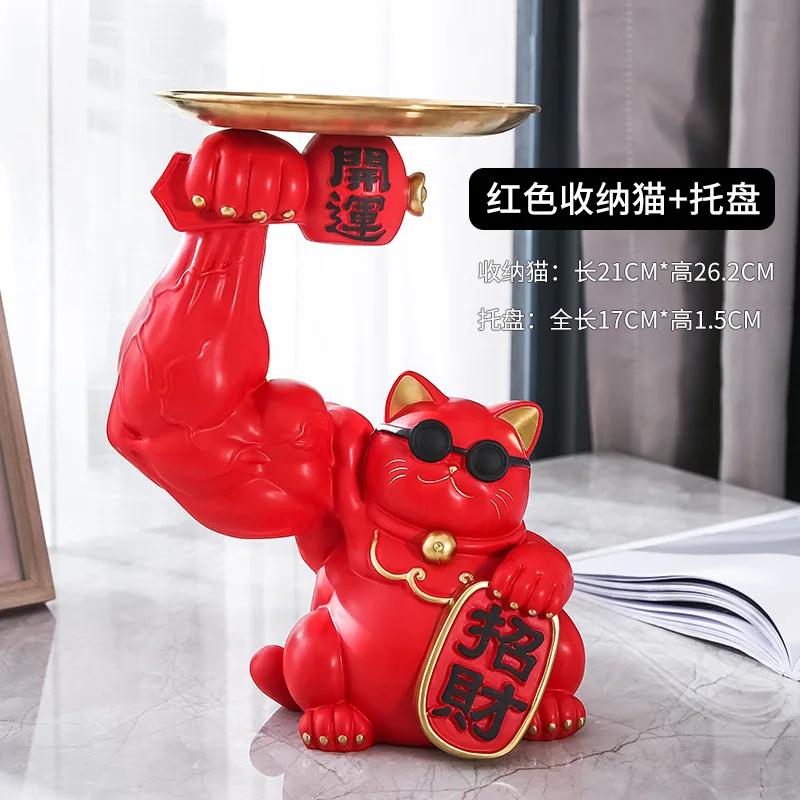 Golden Cat Figurines Muscle Arm Lucky Cat sculpture Ornaments Resin Storage Tray Storage cup holder key holder  Decoration