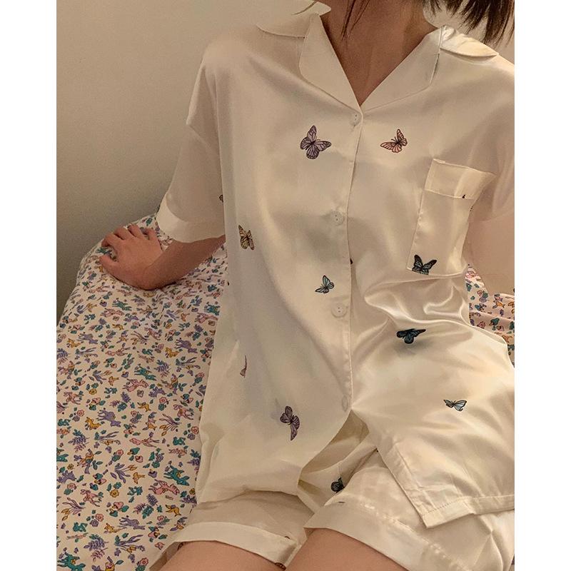 Spring And Summer Ice Silk Pajamas Women'S Short-Sleeved Shorts High-End Butterfly Printing Loungewear Can Be Worn Outside