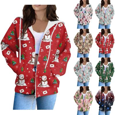 Damenmode Lässiger Langarm Weihnachtsdruck Strickjacke Mantel mit Tasche Reißverschluss