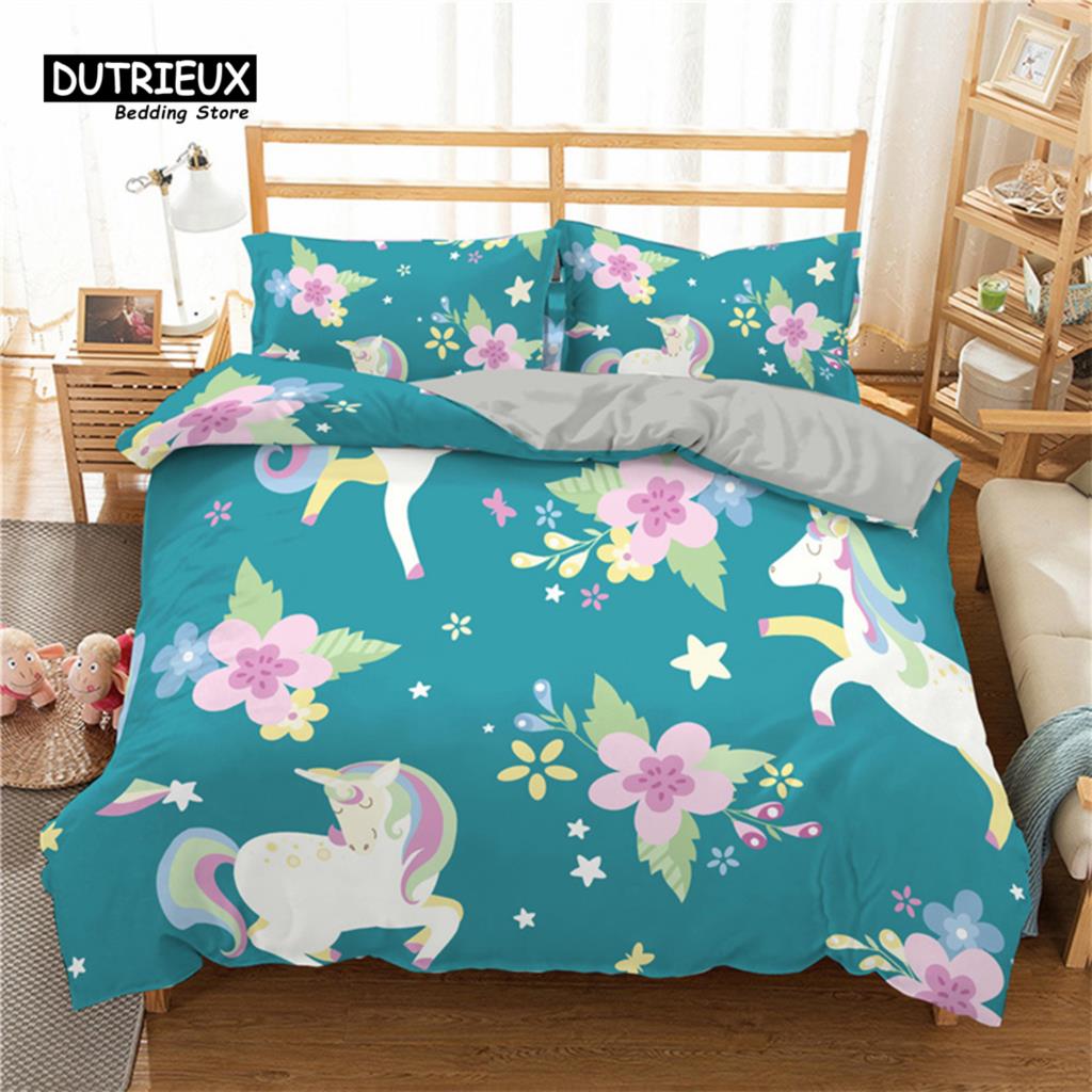 Girls Unicorn Flower Duvet Cover Cartoon Bedding Set Microfiber 3D Print Comforter Cover King Full For Kids Teen Bedroom Decor