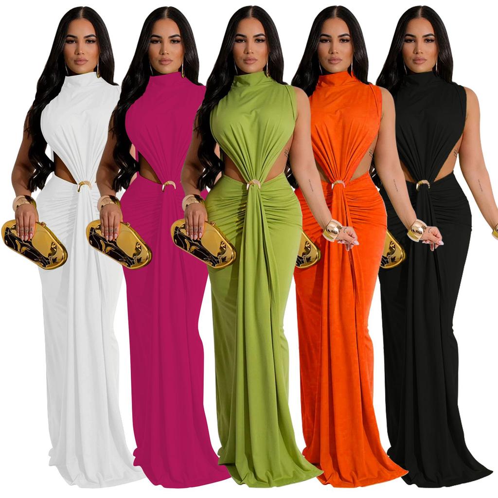European & American Women's Sexy Sleeveless Solid Color Side Slit Dress - New Fashion Skirt