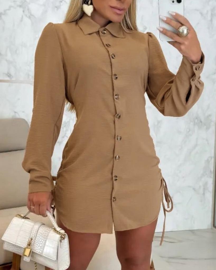 Women's Autumn Fashion Long Sleeve Color Side Drawstring Dress