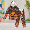 Girls Halloween Panda Ghost Printed Hooded Long Sleeve Kangaroo Pocket Cuffed Pants Two Piece Set