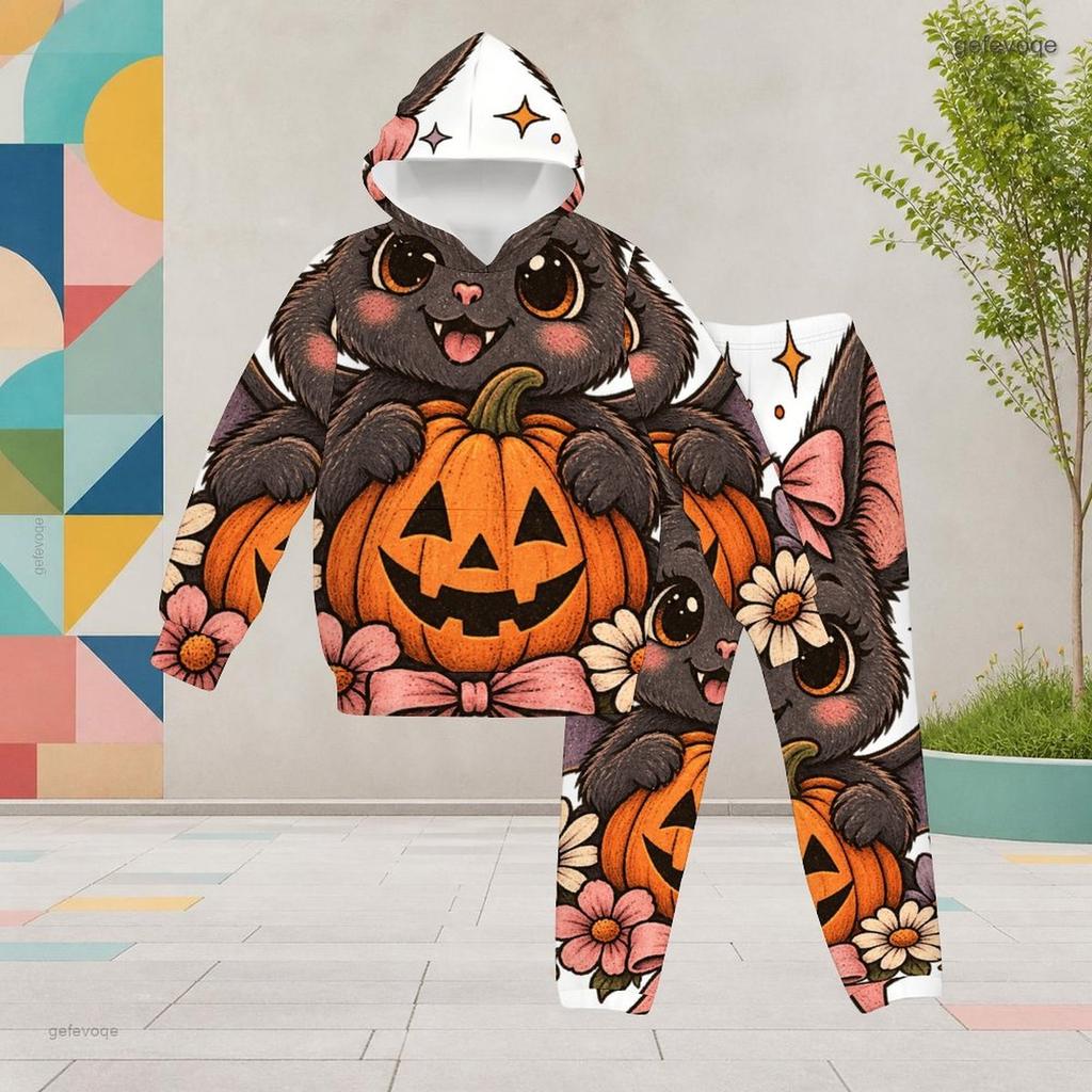 Girls Halloween Panda Ghost Printed Hooded Long Sleeve Kangaroo Pocket Cuffed Pants Two Piece Set
