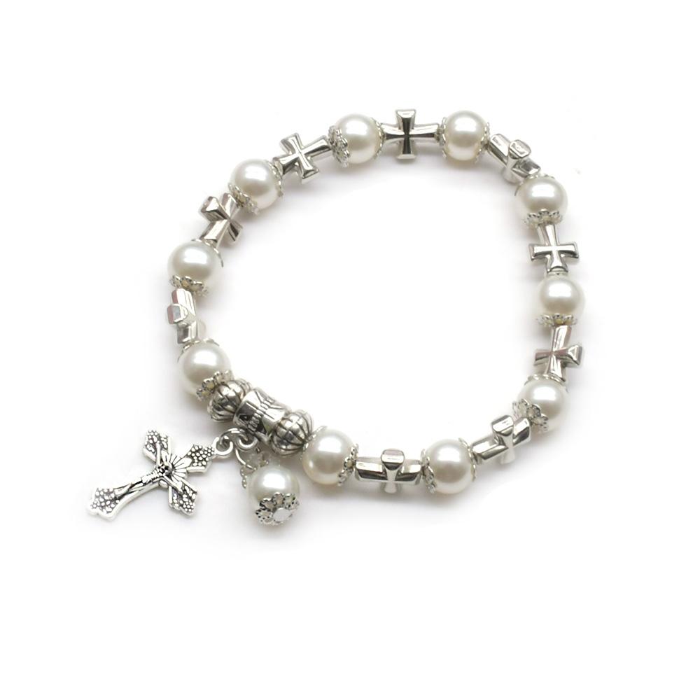 QIGO White Glass Pearl Cross Elastic Rosary Bracelets Religious Zircon For Women