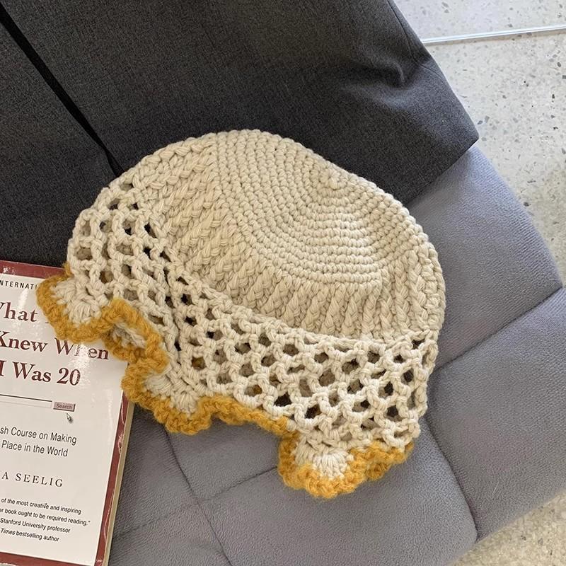 Blue Knitted Wool Cap Women Spring Korean All-match Forest Style Lace Edge Bucket Hat Fashion Big Headband Fisherman Hat