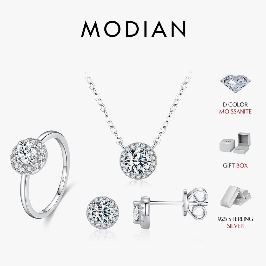 MODIAN Moissanite 925 Silver Fashion Luxury Round Necklace Stud Earrings Ring For Women Wedding Fine Jewelry Se