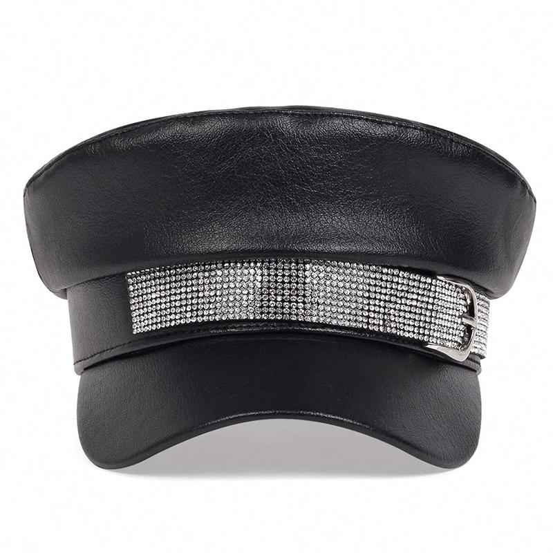 Hot-fix Rhinestone Ribbon PU Leather Navy Cap Fashionable Outdoor Casual Women's Hat Personalized Painter's Hats Classics Caps