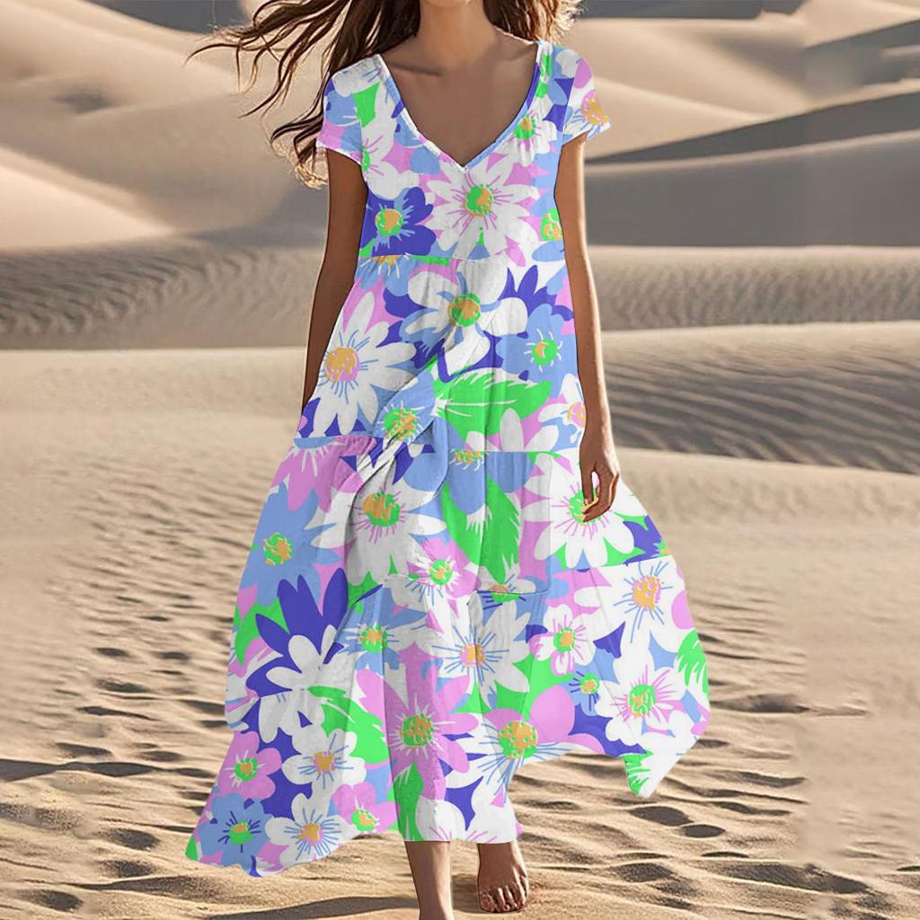 Women's Summer Fashion V-Neck Beach Long Short Sleeve Floral Printed Dresses