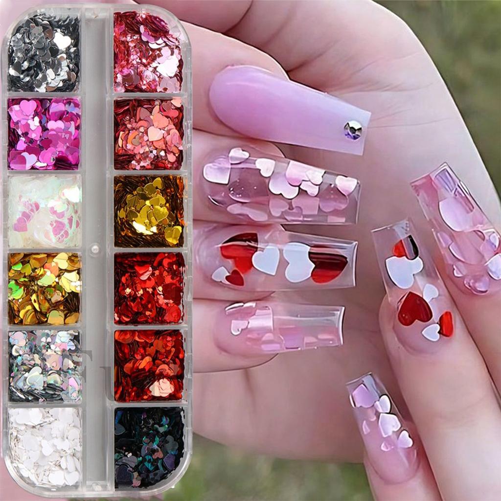 1 Box 12 Color Hearts Nail Glitter Love Nail Sequins  Rose Nail Flaking Sparkly Glitter Flaking Shiny Nail Glitter Valentine Nail Sequins Glitter