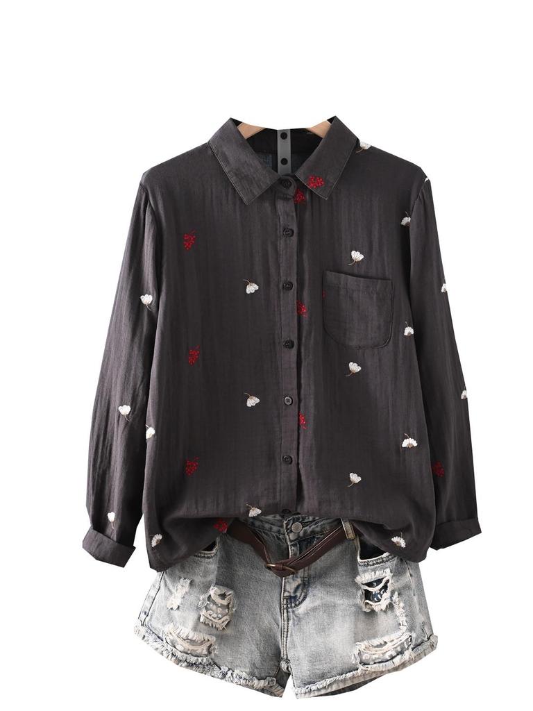 Double-Layer Gauze Floral Embroidered Long-Sleeve Autumn Shirt for Women
