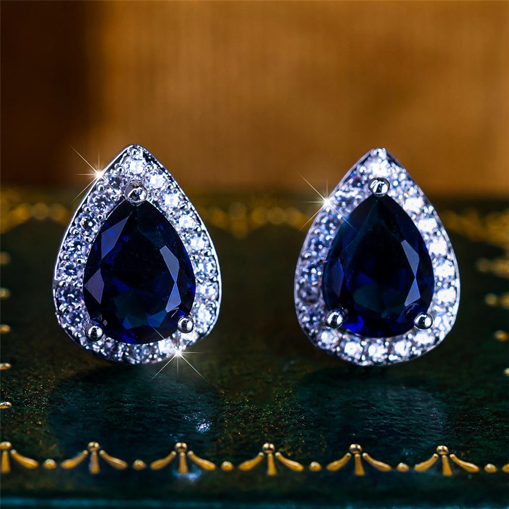 Boho Female Crystal Green Blue Stone Small Silver Color Stud Earrings Vintage Party Wedding For Women