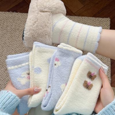 Plush Socks Thickened Warm Tube Socks Blue Home Sleeping Socks Cute Puppy Cartoon Confinement Socks