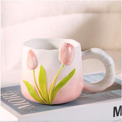 Tulip Ceramic Mug with Lid & Spoon 400ml Coffee Tea Cup, Valentine's Day/Teachers Day Gifts for Couples, Women, Home Office Use