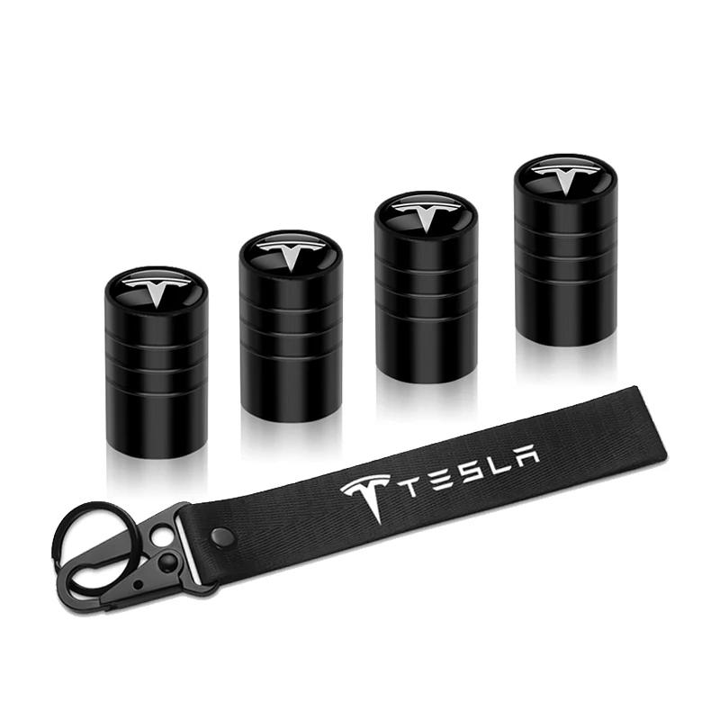 Bilklistermärke Tesla 4 st Bilhjul Däckventilhatt Nylon Nyckelring Snöre Nyckelringar För Tesla WYE Invader Juguete Modell 3 Y S X Spa
