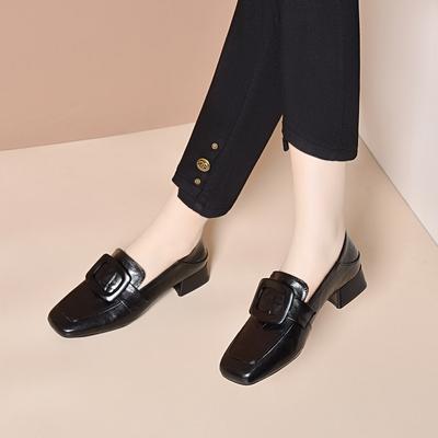 Square Head Single Shoes Women's Spring New Round Buckle One Pedal Low Heel Work Shoes Small Leather Shoes