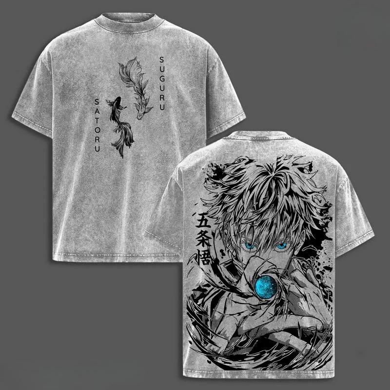 

Годжо Сатору Магическая битва Аниме Одежда Мужская Женская Футболки Оверсайз Футболка из Стиранного Хлопка Винтажная Повседневная Футболка Топы Харадзюку XXL серый