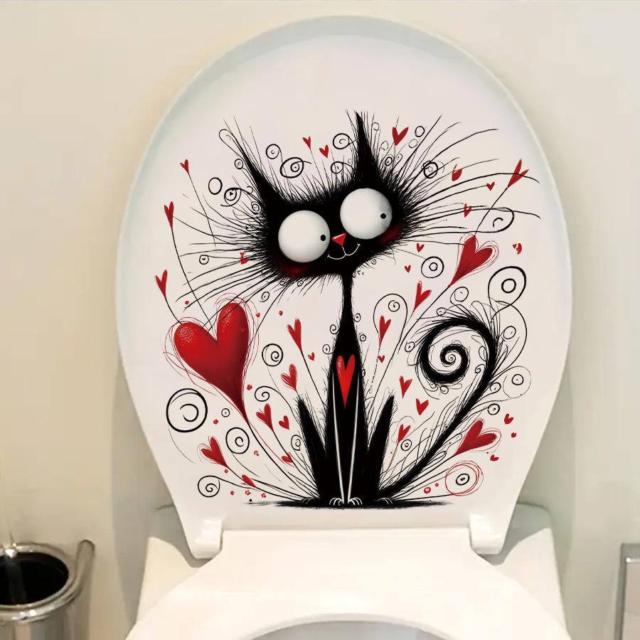 Funny Creative Fluffy Black Cat with Heart Valentine‘s Day Wall Stickers, Hand-drawn Style Self-Adhesive Decor for Home Decoration
