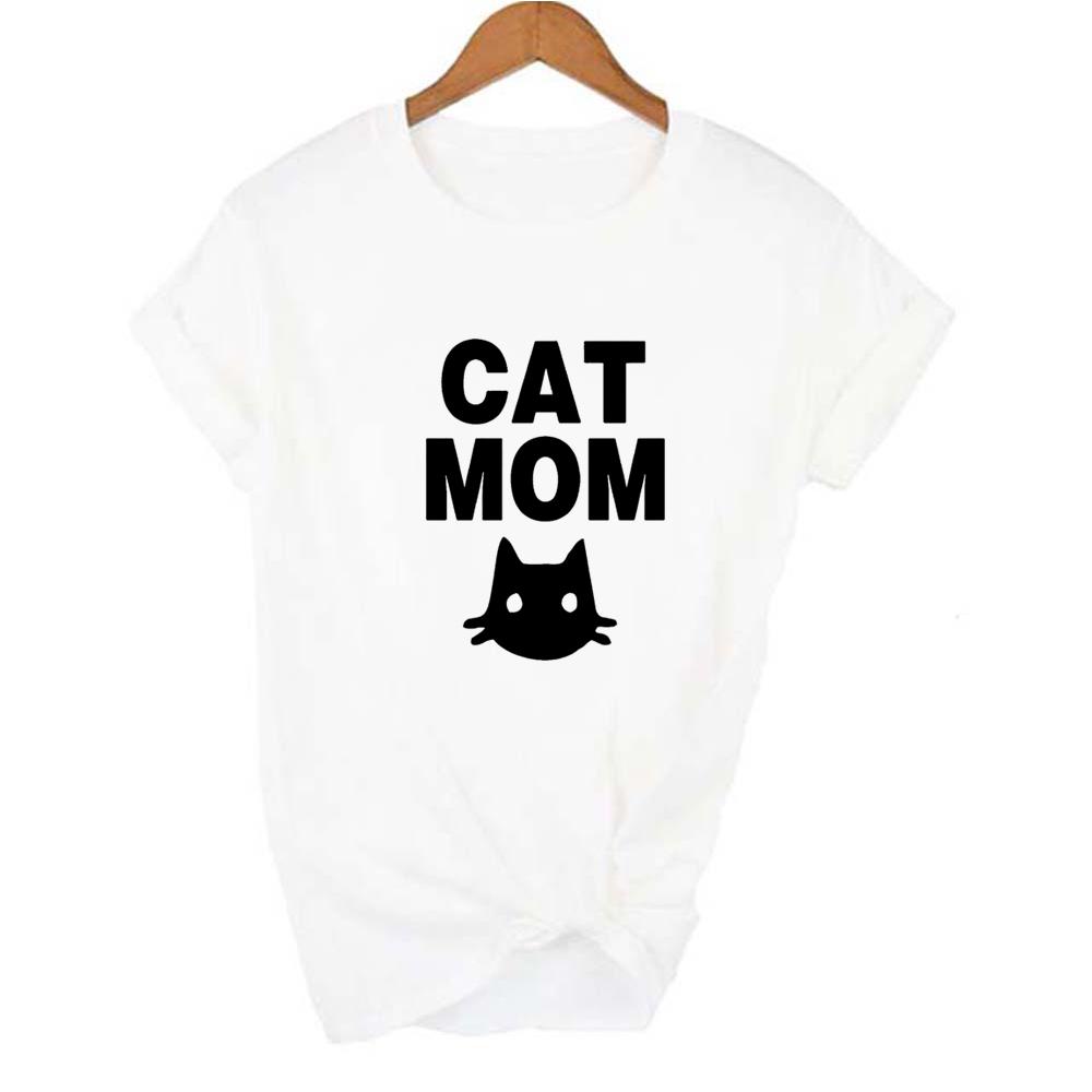 Stay At Home Cat Mom Print Women Shirts Casual Cute Cartoon White Summer Short Sleeve O S