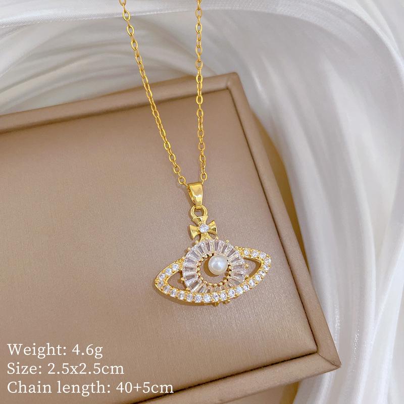 Titanium Steel Court Style Pearl Galaxy Light Luxury Temperament Gorgeous Full Diamond Necklace Female Versatile Collarbone Titanium Steel Chain