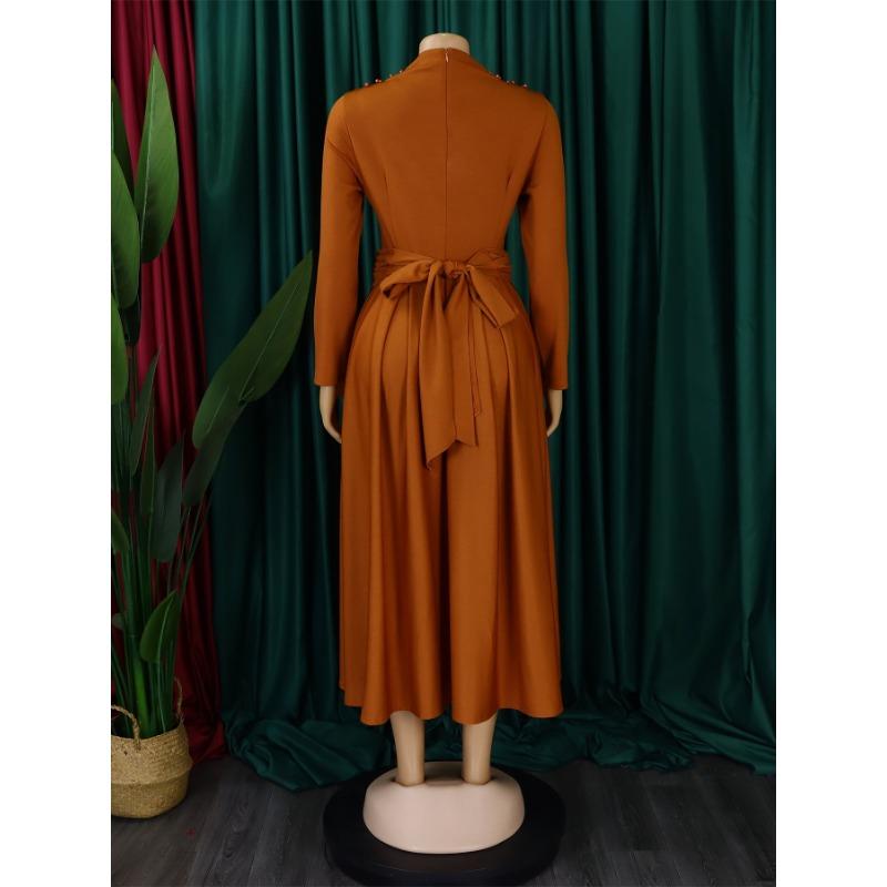 YYFS Women's Fashion Spring Fall Solid Color Print Long Sleeve O-Neck High Waist Casual Dresses