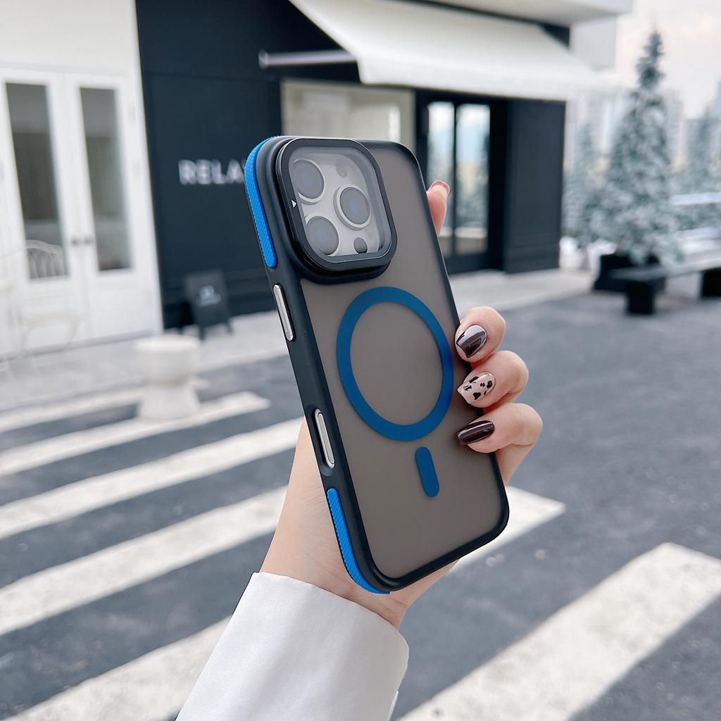 For iPhone 16 Pro Max Magnetic Case Skin-Touch TPU Acrylic Phone Back Cover with Lens Protector Kickstand