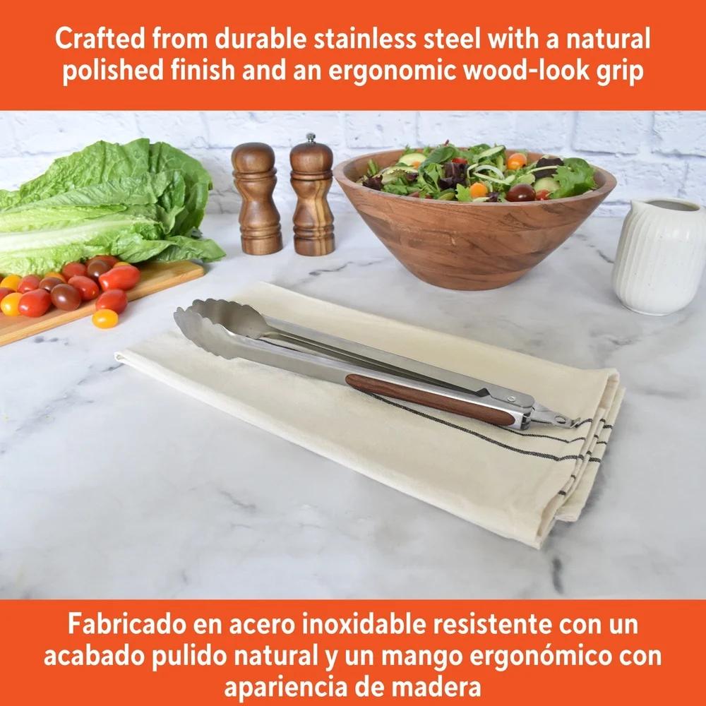 12in Stainless Steel Food Tongs with Wood Look Grip Locking Mechanism Ideal BBQ Grilling Salad Tossing Safe Cooking Tool
