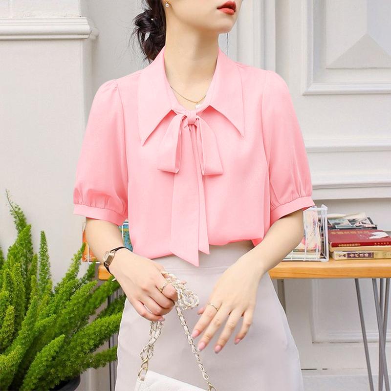 

ZANZEA Women Casual Lace Up Turn Down Collar Loose Short Sleeve Blouse S розовый