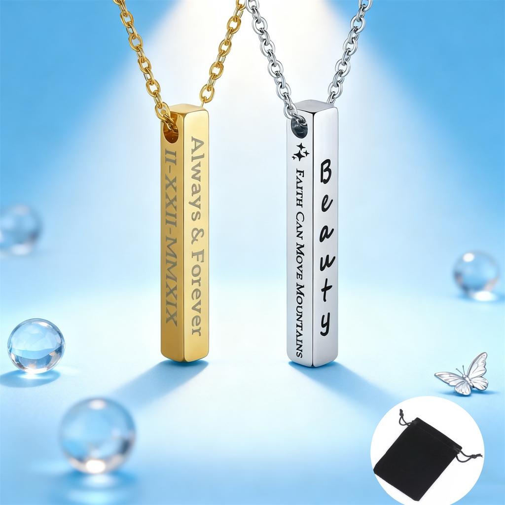 Customized Name Quotes Date Multi Sided Engraved Necklace Stainless Steel Personalized Cube Bar Necklace Fashion Couple Jewelry