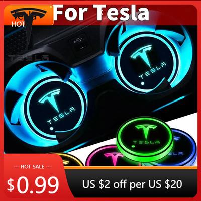 Car Sticker Car Cup Holder LED Light Car Cup Pad Colorful Light Coaster For Tesla Model 3 Model X Y Style MODEL S ROADSTER