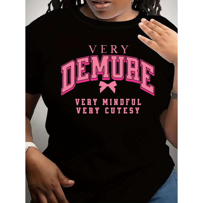

European Size Directional Style Very Demure Very Mindful Bow Print Short Sleeve round Neck T-shirt for Women 4XL
