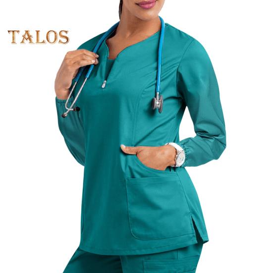 

Топ-униформа медсестры с 4 карманами, застежкой-молнией, полузастежкой, длинными рукавами, боковыми разрезами, свободным кроем, рабочая одежда для медсестры XXL зелёный